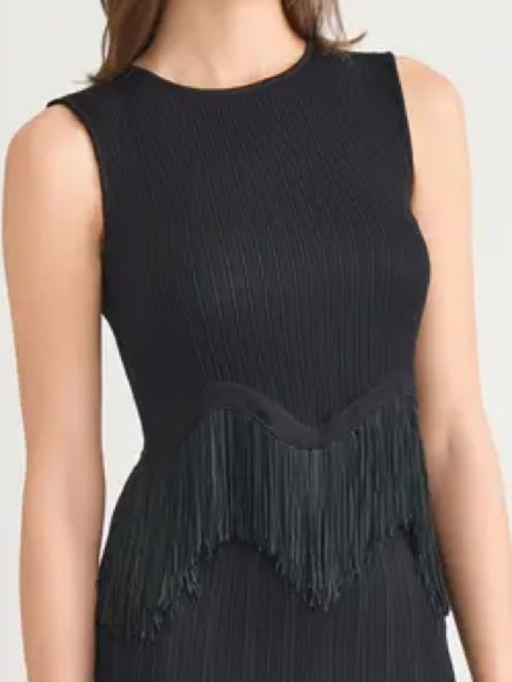 Misook Black Sleeveless Fringe Pleated Midi Dress